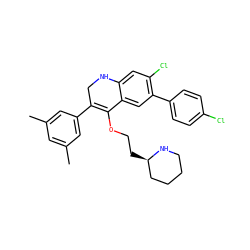 Cc1cc(C)cc(C2=C(OCC[C@@H]3CCCCN3)c3cc(-c4ccc(Cl)cc4)c(Cl)cc3NC2)c1 ZINC000071330466