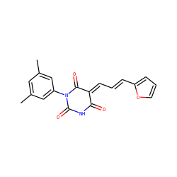 Cc1cc(C)cc(N2C(=O)NC(=O)/C(=C\C=C\c3ccco3)C2=O)c1 ZINC000000448957