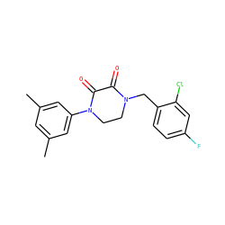 Cc1cc(C)cc(N2CCN(Cc3ccc(F)cc3Cl)C(=O)C2=O)c1 ZINC000095565559