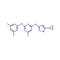Cc1cc(C)cc(Nc2nc(C)cc(Nc3cc(C4CC4)[nH]n3)n2)c1 ZINC000203008618