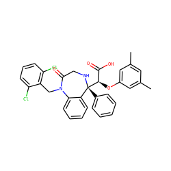 Cc1cc(C)cc(O[C@H](C(=O)O)[C@@]2(c3ccccc3)NCC(=O)N(Cc3c(Cl)cccc3Cl)c3ccccc32)c1 ZINC000100847318