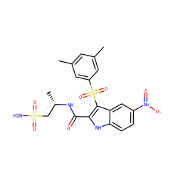 Cc1cc(C)cc(S(=O)(=O)c2c(C(=O)N[C@@H](C)CS(N)(=O)=O)[nH]c3ccc([N+](=O)[O-])cc23)c1 ZINC000040938156
