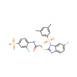 Cc1cc(C)cc(S(=O)(=O)n2c(SCC(=O)Nc3ccc(S(C)(=O)=O)cc3Cl)nc3ccc(Cl)cc32)c1 ZINC000103262641