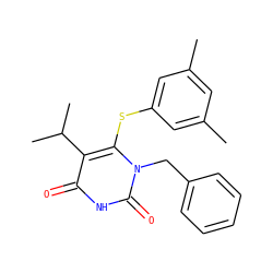 Cc1cc(C)cc(Sc2c(C(C)C)c(=O)[nH]c(=O)n2Cc2ccccc2)c1 ZINC000034819359
