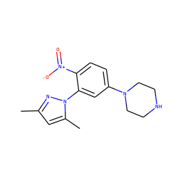 Cc1cc(C)n(-c2cc(N3CCNCC3)ccc2[N+](=O)[O-])n1 ZINC000004184114