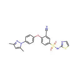 Cc1cc(C)n(-c2ccc(Oc3ccc(S(=O)(=O)Nc4nccs4)cc3C#N)cc2)n1 ZINC000095581155
