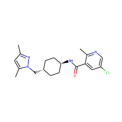 Cc1cc(C)n(C[C@H]2CC[C@H](NC(=O)c3cc(Cl)cnc3C)CC2)n1 ZINC000261099382