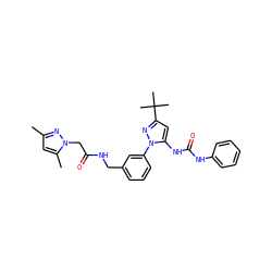 Cc1cc(C)n(CC(=O)NCc2cccc(-n3nc(C(C)(C)C)cc3NC(=O)Nc3ccccc3)c2)n1 ZINC000058506271