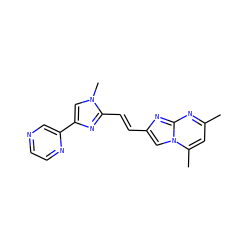 Cc1cc(C)n2cc(/C=C/c3nc(-c4cnccn4)cn3C)nc2n1 ZINC000117863878