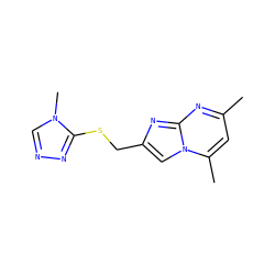 Cc1cc(C)n2cc(CSc3nncn3C)nc2n1 ZINC000012620436