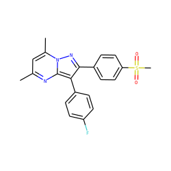 Cc1cc(C)n2nc(-c3ccc(S(C)(=O)=O)cc3)c(-c3ccc(F)cc3)c2n1 ZINC000013861593