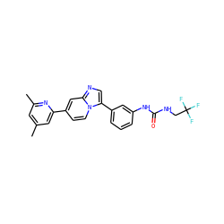 Cc1cc(C)nc(-c2ccn3c(-c4cccc(NC(=O)NCC(F)(F)F)c4)cnc3c2)c1 ZINC000139607603