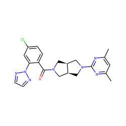 Cc1cc(C)nc(N2C[C@H]3CN(C(=O)c4ccc(Cl)cc4-n4nccn4)C[C@H]3C2)n1 ZINC000116821603