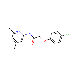 Cc1cc(C)nc(NC(=O)COc2ccc(Cl)cc2)c1 ZINC000008548813