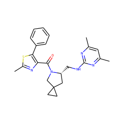Cc1cc(C)nc(NC[C@@H]2CC3(CC3)CN2C(=O)c2nc(C)sc2-c2ccccc2)n1 ZINC000096909608