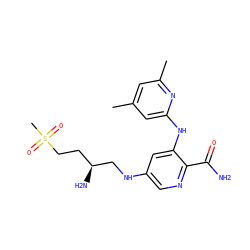 Cc1cc(C)nc(Nc2cc(NC[C@@H](N)CCS(C)(=O)=O)cnc2C(N)=O)c1 ZINC000221750602
