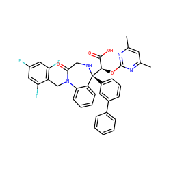 Cc1cc(C)nc(O[C@H](C(=O)O)[C@@]2(c3cccc(-c4ccccc4)c3)NCC(=O)N(Cc3c(F)cc(F)cc3F)c3ccccc32)n1 ZINC000026670561