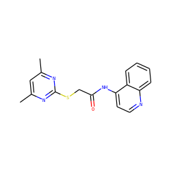 Cc1cc(C)nc(SCC(=O)Nc2ccnc3ccccc23)n1 ZINC000000528219