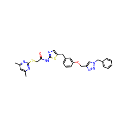 Cc1cc(C)nc(SCC(=O)Nc2ncc(Cc3cccc(OCc4cn(Cc5ccccc5)nn4)c3)s2)n1 ZINC000263621310