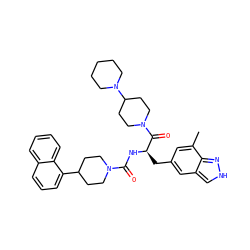Cc1cc(C[C@@H](NC(=O)N2CCC(c3cccc4ccccc34)CC2)C(=O)N2CCC(N3CCCCC3)CC2)cc2c[nH]nc12 ZINC000653711533
