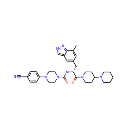 Cc1cc(C[C@@H](NC(=O)N2CCN(c3ccc(C#N)cc3)CC2)C(=O)N2CCC(N3CCCCC3)CC2)cc2c[nH]nc12 ZINC000653706319