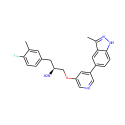 Cc1cc(C[C@H](N)COc2cncc(-c3ccc4[nH]nc(C)c4c3)c2)ccc1F ZINC000014961700