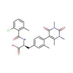 Cc1cc(C[C@H](NC(=O)c2c(C)cccc2Cl)C(=O)O)ccc1-c1c(C)n(C)c(=O)n(C)c1=O ZINC000095591695