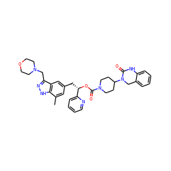 Cc1cc(C[C@H](OC(=O)N2CCC(N3Cc4ccccc4NC3=O)CC2)c2ccccn2)cc2c(CN3CCOCC3)n[nH]c12 ZINC000084586601