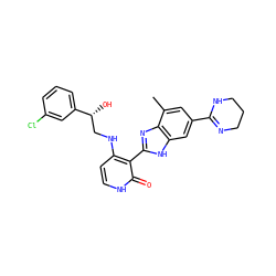 Cc1cc(C2=NCCCN2)cc2[nH]c(-c3c(NC[C@@H](O)c4cccc(Cl)c4)cc[nH]c3=O)nc12 ZINC000028703711