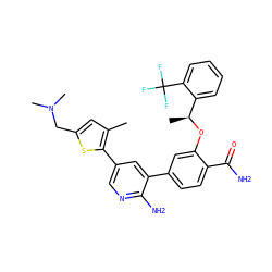 Cc1cc(CN(C)C)sc1-c1cnc(N)c(-c2ccc(C(N)=O)c(O[C@@H](C)c3ccccc3C(F)(F)F)c2)c1 ZINC000084654427