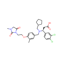 Cc1cc(CN(CC2CCCC2)[C@@H](CC(=O)O)c2ccc(Cl)c(Cl)c2)ccc1OCCN1C(=O)CN(C)C1=O ZINC000225187446