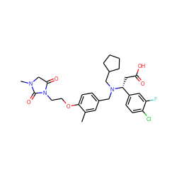 Cc1cc(CN(CC2CCCC2)[C@H](CC(=O)O)c2ccc(Cl)c(F)c2)ccc1OCCN1C(=O)CN(C)C1=O ZINC000207241094