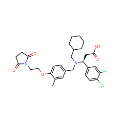Cc1cc(CN(CC2CCCCC2)[C@@H](CC(=O)O)c2ccc(Cl)c(F)c2)ccc1OCCN1C(=O)CCC1=O ZINC000207132435