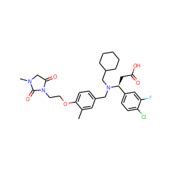 Cc1cc(CN(CC2CCCCC2)[C@@H](CC(=O)O)c2ccc(Cl)c(F)c2)ccc1OCCN1C(=O)CN(C)C1=O ZINC000207241158