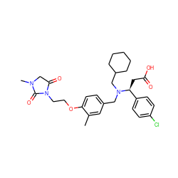 Cc1cc(CN(CC2CCCCC2)[C@@H](CC(=O)O)c2ccc(Cl)cc2)ccc1OCCN1C(=O)CN(C)C1=O ZINC000207227571