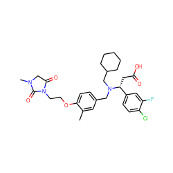 Cc1cc(CN(CC2CCCCC2)[C@H](CC(=O)O)c2ccc(Cl)c(F)c2)ccc1OCCN1C(=O)CN(C)C1=O ZINC000207241202