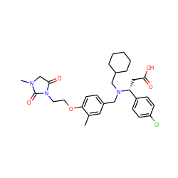 Cc1cc(CN(CC2CCCCC2)[C@H](CC(=O)O)c2ccc(Cl)cc2)ccc1OCCN1C(=O)CN(C)C1=O ZINC000207240987