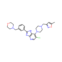 Cc1cc(CN2CCN(c3c(Cl)cnc4nc(-c5cccc(CN6CCOCC6)c5)[nH]c34)CC2)no1 ZINC000095558482