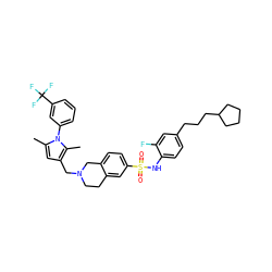 Cc1cc(CN2CCc3cc(S(=O)(=O)Nc4ccc(CCCC5CCCC5)cc4F)ccc3C2)c(C)n1-c1cccc(C(F)(F)F)c1 ZINC000203662693