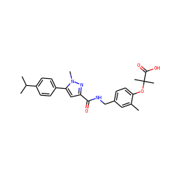 Cc1cc(CNC(=O)c2cc(-c3ccc(C(C)C)cc3)n(C)n2)ccc1OC(C)(C)C(=O)O ZINC000013983075