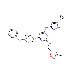 Cc1cc(CNc2nc(Nc3cc(C4CC4)[nH]n3)cc(N3C[C@H]4C[C@@H]3CN4Cc3ccccc3)n2)on1 ZINC000205276321