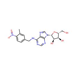 Cc1cc(CNc2ncnc3c2ncn3[C@@H]2O[C@H](CO)[C@@H](O)[C@H]2O)ccc1[N+](=O)[O-] ZINC000029057548