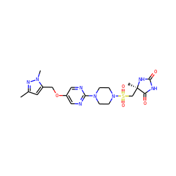 Cc1cc(COc2cnc(N3CCN(S(=O)(=O)C[C@@]4(C)NC(=O)NC4=O)CC3)nc2)n(C)n1 ZINC000096915375