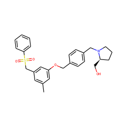 Cc1cc(CS(=O)(=O)c2ccccc2)cc(OCc2ccc(CN3CCC[C@H]3CO)cc2)c1 ZINC000169340196