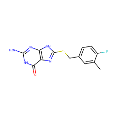 Cc1cc(CSc2nc3c(=O)[nH]c(N)nc3[nH]2)ccc1F ZINC000653880684