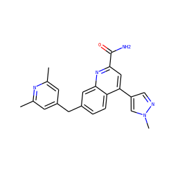 Cc1cc(Cc2ccc3c(-c4cnn(C)c4)cc(C(N)=O)nc3c2)cc(C)n1 ZINC000221619339