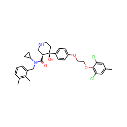Cc1cc(Cl)c(OCCOc2ccc([C@@]3(O)CCNC[C@@H]3C(=O)N(Cc3cccc(C)c3C)C3CC3)cc2)c(Cl)c1 ZINC000043171037