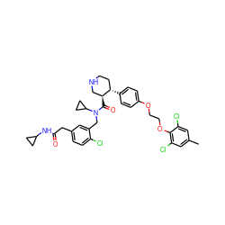 Cc1cc(Cl)c(OCCOc2ccc([C@H]3CCNC[C@@H]3C(=O)N(Cc3cc(CC(=O)NC4CC4)ccc3Cl)C3CC3)cc2)c(Cl)c1 ZINC000072147685