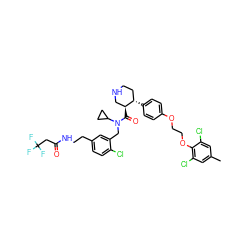 Cc1cc(Cl)c(OCCOc2ccc([C@H]3CCNC[C@@H]3C(=O)N(Cc3cc(CCNC(=O)CC(F)(F)F)ccc3Cl)C3CC3)cc2)c(Cl)c1 ZINC000095544726