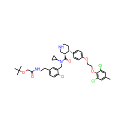 Cc1cc(Cl)c(OCCOc2ccc([C@H]3CCNC[C@@H]3C(=O)N(Cc3cc(CCNC(=O)COC(C)(C)C)ccc3Cl)C3CC3)cc2)c(Cl)c1 ZINC000072147662